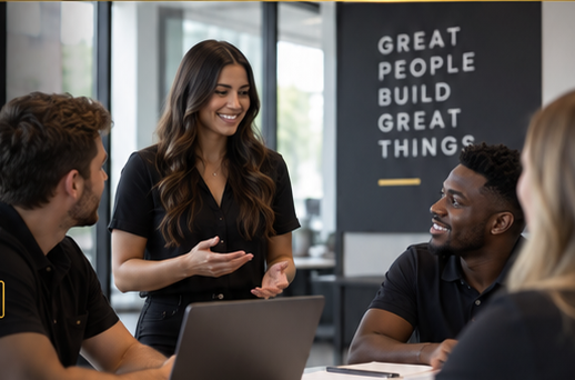 A team member coaching colleagues around a laptop in a professional office