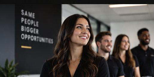 A smiling professional with her team in an office